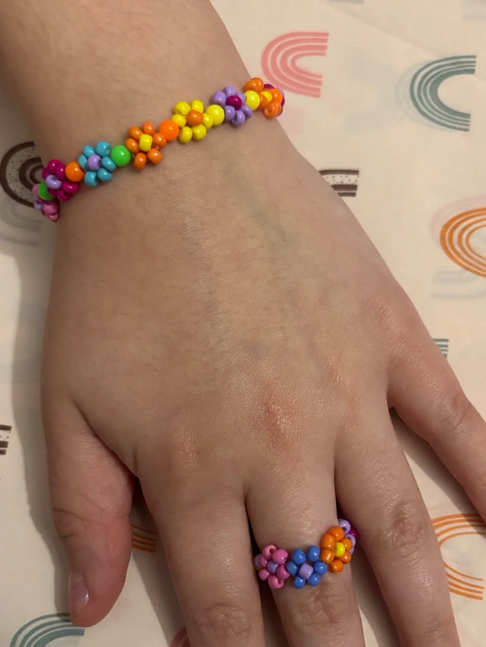 Kids Colorful Flower Bead Bracelet and Ring Set - Multicolor